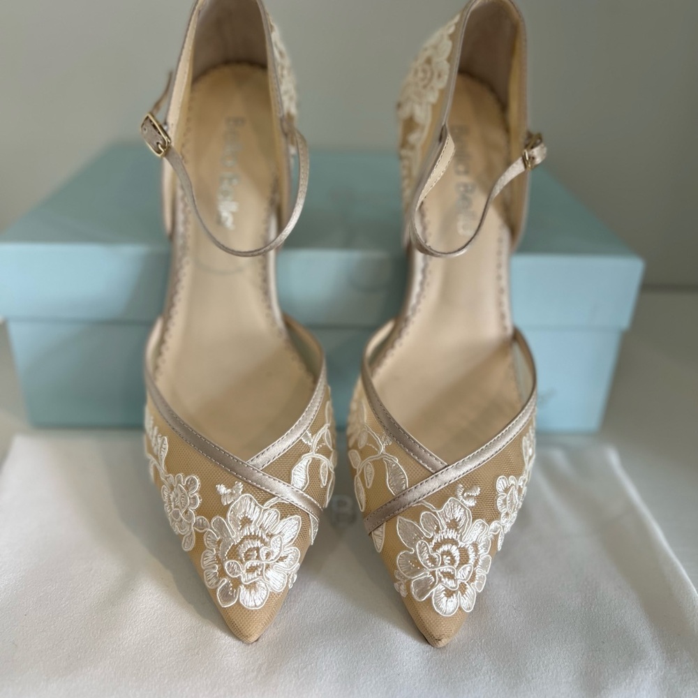 Beige Lace-Embroidered Pointed-Toe Heels with Ankle Strap